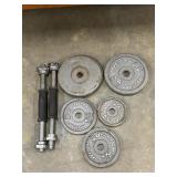 8pc. Dunbbell handles and cast-iron barbell