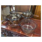 Vintage Corning Visions Amber Glass Cookware Set.