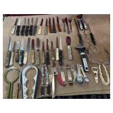Bundle of kitchenware : knives ,can opener,