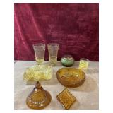 9 pc.Amber glasses, yellow-gold glass dish