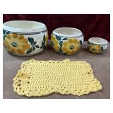 4 pc.Planters and handmade yellow crochet dish