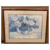 Framed blue-toned watercolor floral still life