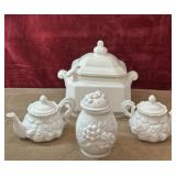 White cermaic lidded jar,sugar and creamer,and