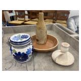 Antique, two-tone glazed stoneware bottle is a