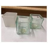 3 Vintage square glass candle holders.
