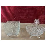 Pressed glass square footed candy dish, and