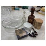 Clear Glass Bowl, vintage liquor decanter, Cork