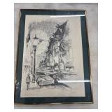 Vintage graphite and pencil city street scene