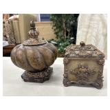 Ornate, pumpkin-shaped decorative lidded jar with