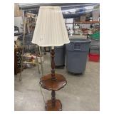 Vintage turned wood floor lamp and table combo.