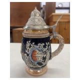 Vintage, cobalt blue ceramic lidded German beer