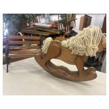 Vintage wooden rocking horse, a cast iron and