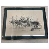 Framed, expressive black-and-ink harbor scene