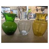 3 Classic glass bud or rose vases with a bulbous