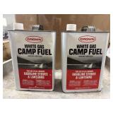 2 one-gallon metal cans of Crown White Gas Camp