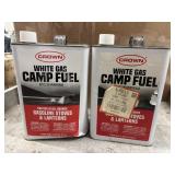 2 one-gallon metal cans of Crown White Gas Camp