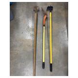 2 Gardening Hoes, trenching shovel.