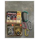 10 pc. Master locks and utility carabineer clips.