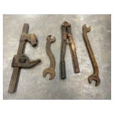 4 pc. vintage  metal monkey wrench, curve