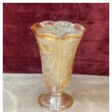 Iridescent Orange carnival glass vase.
