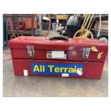 Vintage red metal hip-roof toolbox.