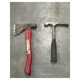 2pc. vintage half hatchet and Masons hammer.