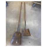 2 Vintage metal scoop shovels with wooden handles