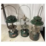 3 Vintage green Coleman lanterns, models 220E