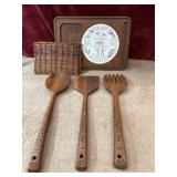 5 pc. wood cheese board tray, woven brown wicker