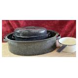 3 pc. Granite Ware.m: roaster pans and saucepan.