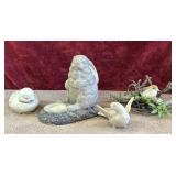 4 pc. Bunny stone statue. Candle holder, and