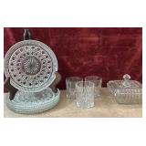 9 pc. pressed glass plates, lidded candy dish,
