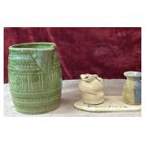 2 pc. vintage green glazed stoneware barrel