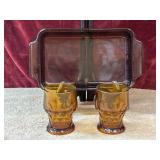 3 pc. Fireking Amber casserole dish and glass