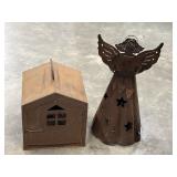 2 pc. rusted metal   tea light holder house and