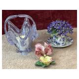 3 Pc. Hand-blown Art Glass Basket, Porcelain