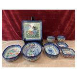 8 pc. hand-painted Polish pottery square plate,