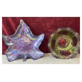Iridescent purple glass  dish, and antique Goofus
