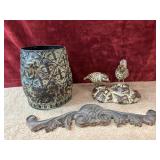 3 pc. metal cachepot , resin sparrow