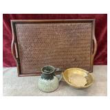 3 pc. stoneware  creamer pitcher , wooden serving