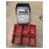 Grey welding helmet with a black rectangular lens