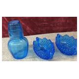 3 pc. vibrant blue glass hobnail double-handled