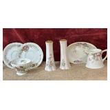 7 pc. footed porcelain teacup, small saucers, N.