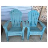 2 teal resin Adirondack chairs.