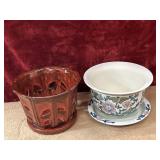 2 pc. glazed ceramic orchid pot and porcelain