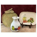3 pc. Apple shaped metal tray, porcelain