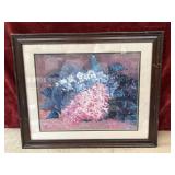 Framed  floral art print. Framed scratched.