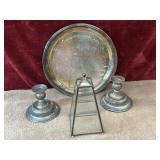 4 pc. Silverplated serving tray, candle holders