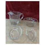 4 pc. Ice lip glass pitcher, bowls ,and relish
