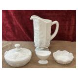 4 pc. vintage white milk glass footed pitcher,